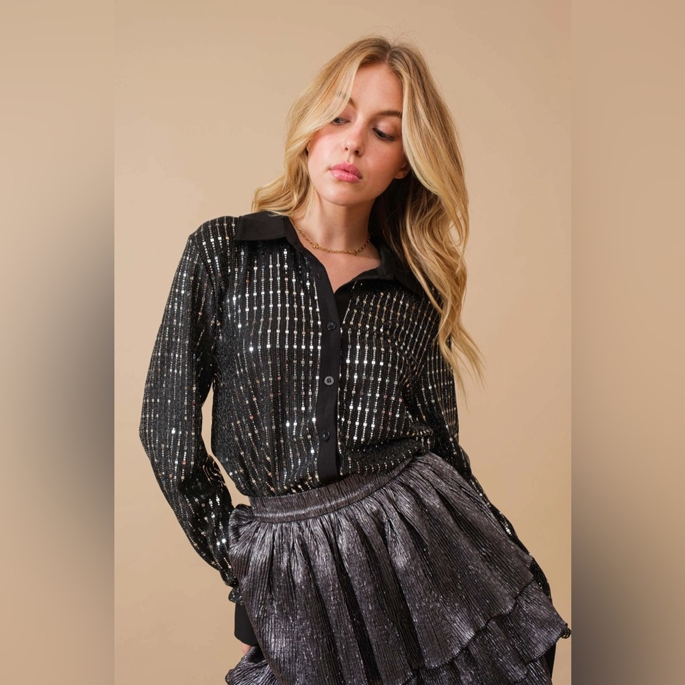 Girl Boss Glam Metallic Button Down Top in Black & Silver - Picture 4 of 10